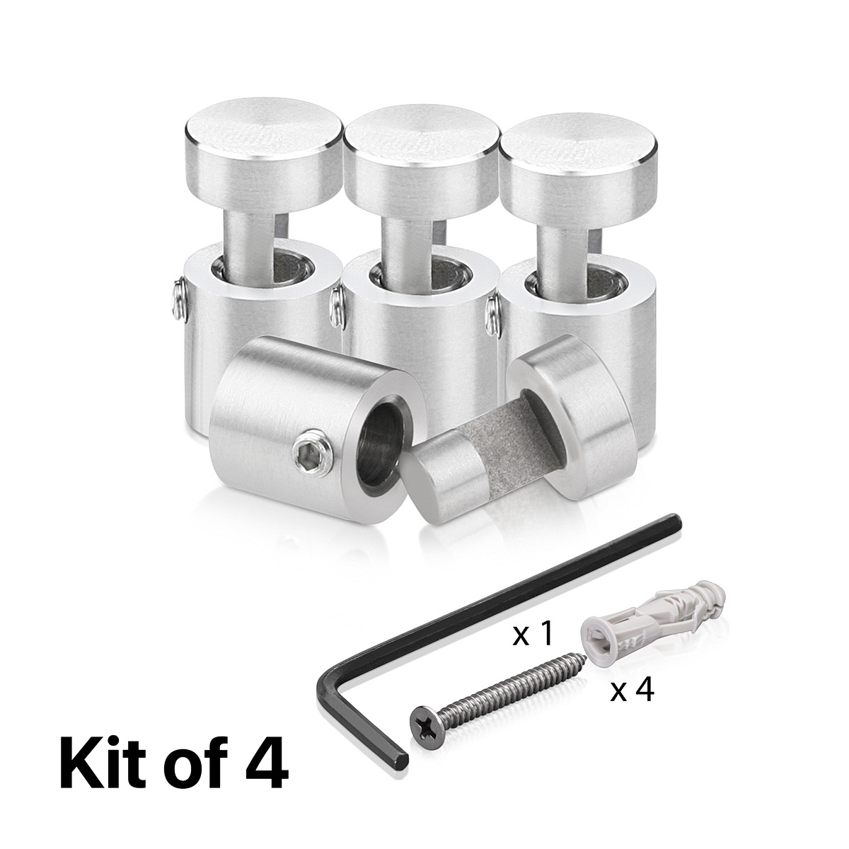 (Set of 4) 1/2'' Diameter X 1/2'' Barrel Length, Stainless Steel Satin Brushed Finish. Adjustable Edge Grip Standoff with (4) 2208Z Screw and (4) LANC1 Anchor  for concrete/drywall (For Inside Use Only)