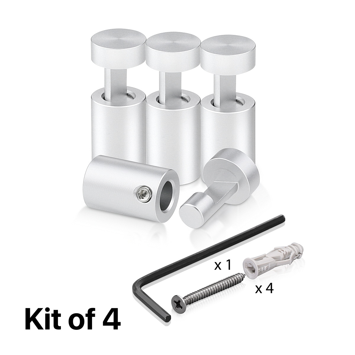(Set of 4) 1/2'' Diameter X 3/4'' Barrel Length, Aluminum Clear Anodized Finish. Adjustable Edge Grip Standoff with (4) 2208Z Screw and (4) LANC1 Anchor  for concrete/drywall (For Inside Use Only)