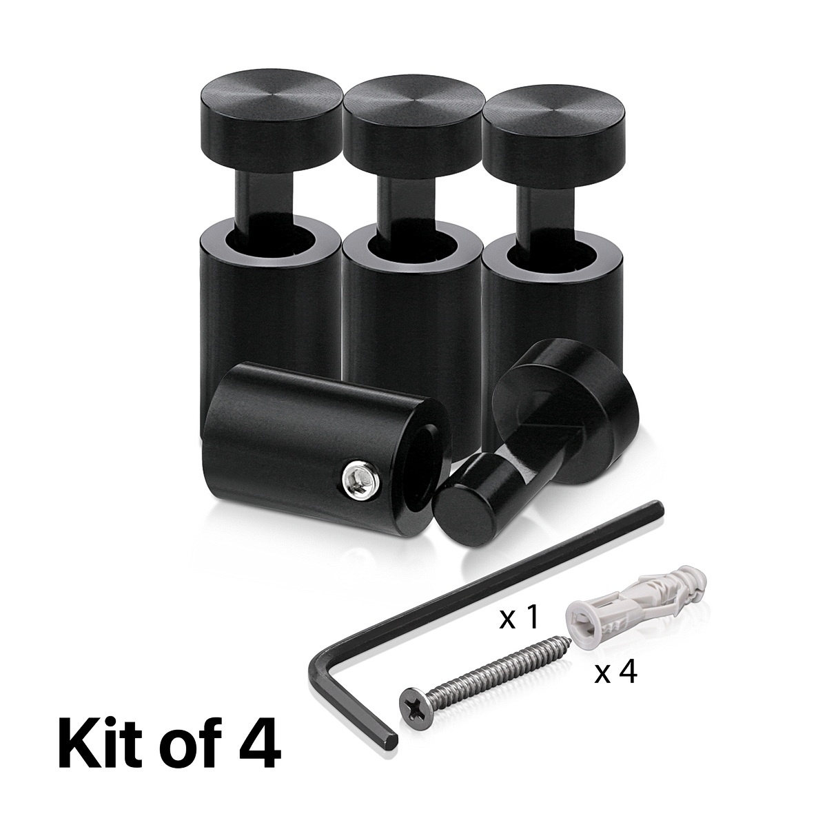 (Set of 4) 1/2'' Diameter X 3/4''  Barrel Length, Aluminum Black Anodized Finish. Adjustable Edge Grip Standoff with (4) 2208Z Screw and (4) LANC1 Anchor  for concrete/drywall (For Inside Use Only)