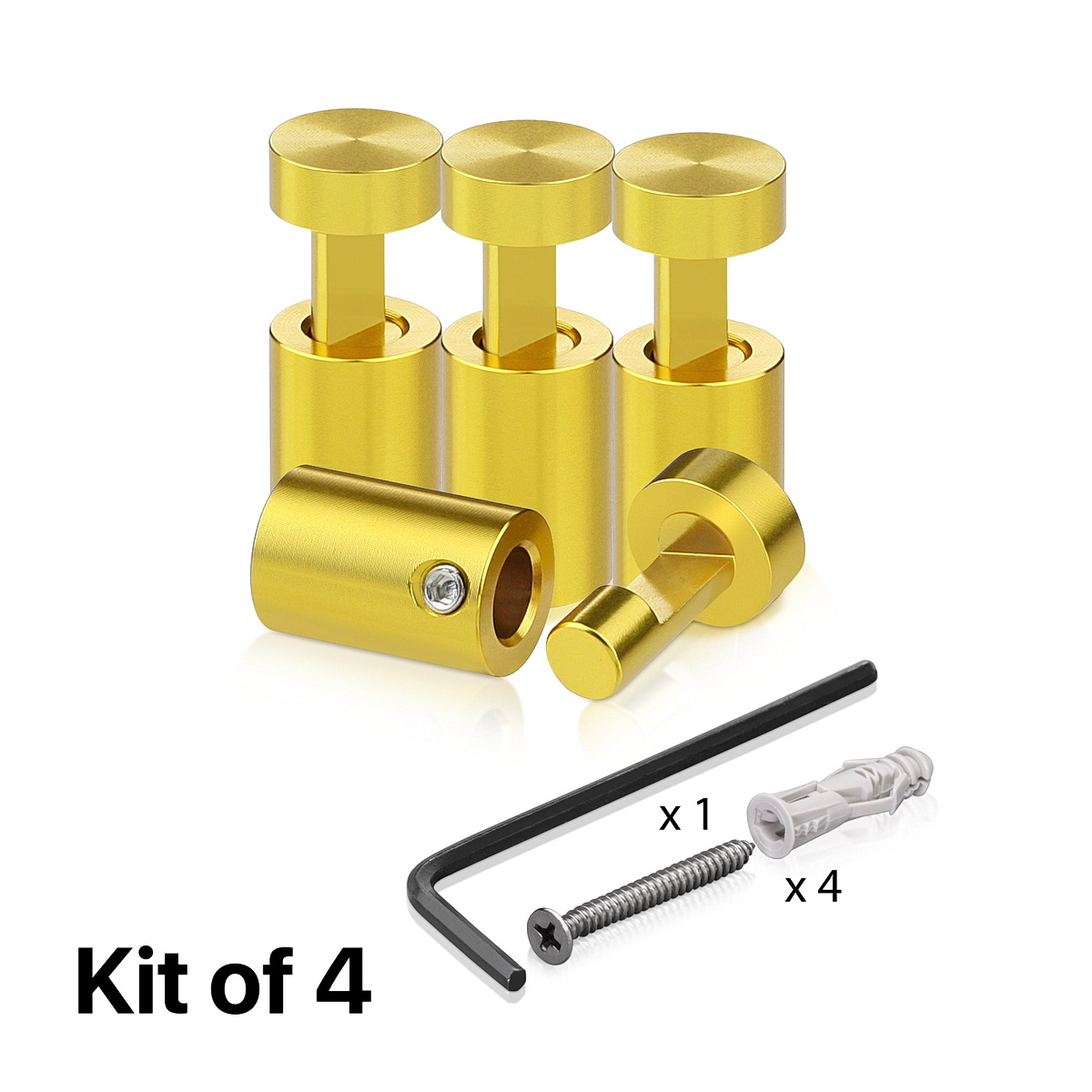(Set of 4) 1/2'' Diameter X 3/4''  Barrel Length, Aluminum Gold Anodized Finish. Adjustable Edge Grip Standoff with (4) 2208Z Screw and (4) LANC1 Anchor  for concrete/drywall (For Inside Use Only)