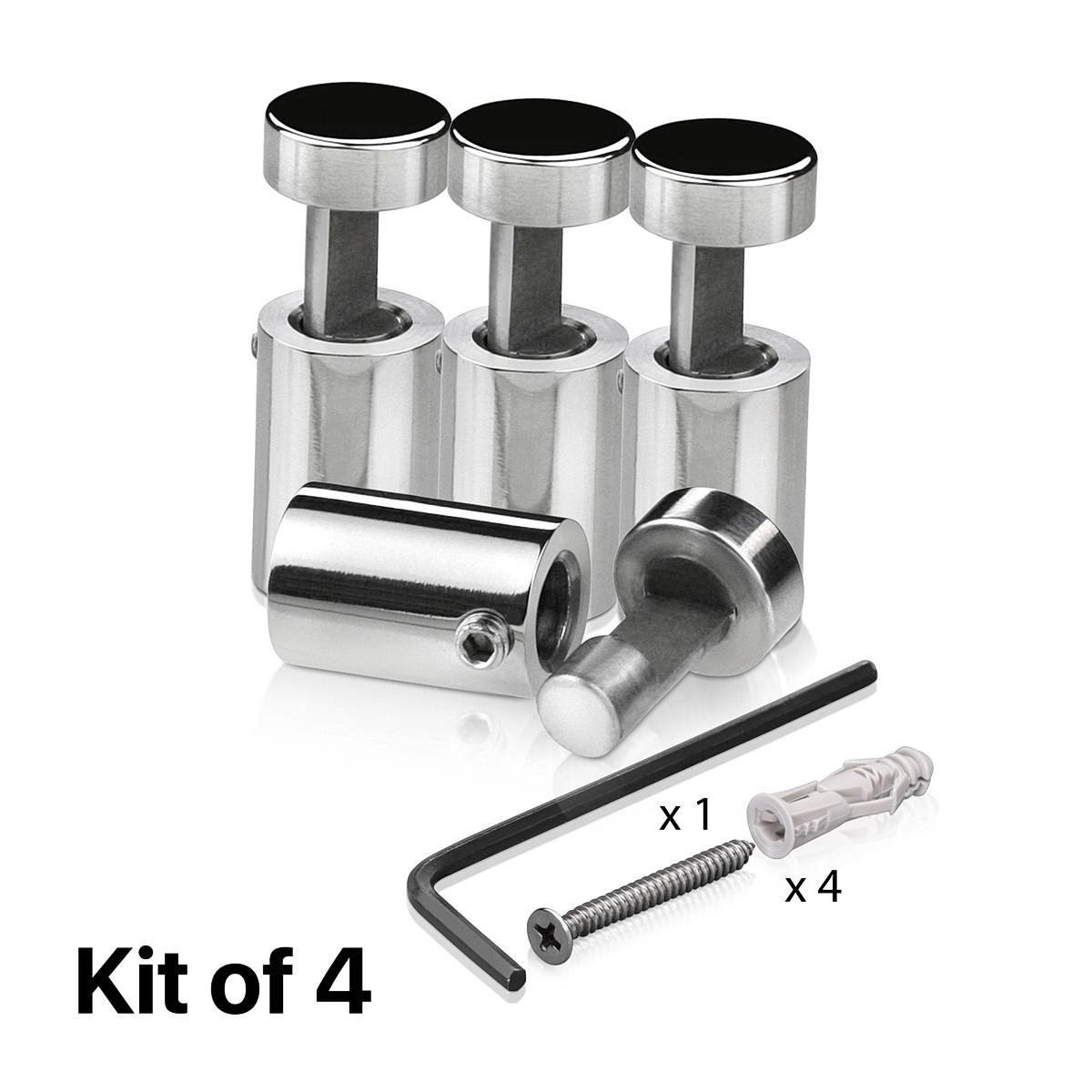(Set of 4) 1/2'' Diameter X 3/4'' Barrel Length, Stainless Steel Polished Finish. Adjustable Edge Grip Standoff with (4) 2208Z Screw and (4) LANC1 Anchor  for concrete/drywall (For Inside Use Only)