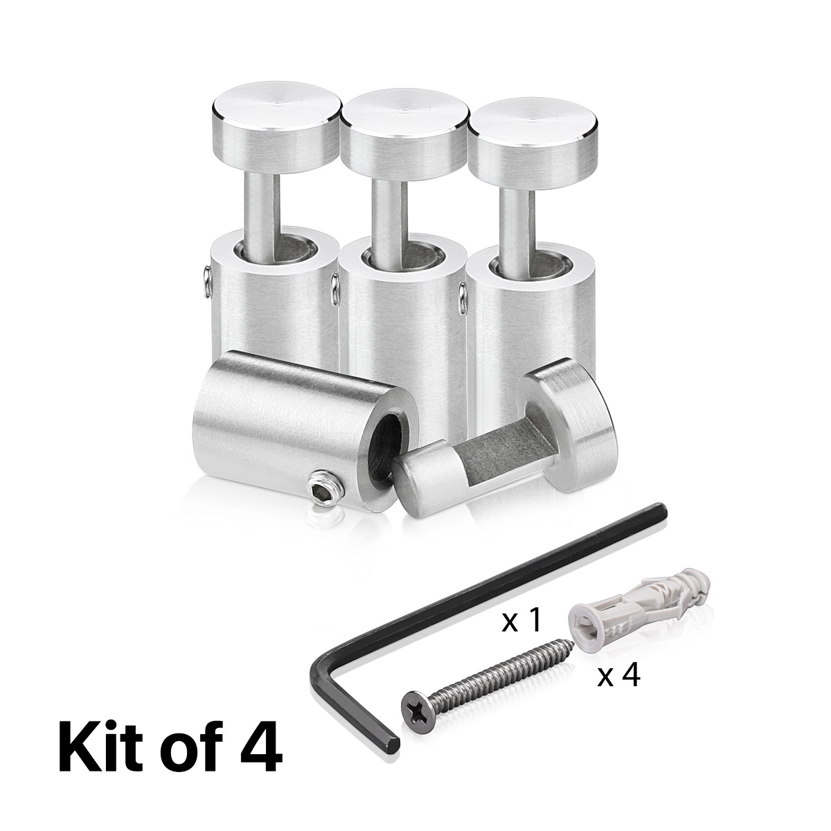 (Set of 4) 1/2'' Diameter X 3/4'' Barrel Length, Stainless Steel Satin Brushed Finish. Adjustable Edge Grip Standoff with (4) 2208Z Screw and (4) LANC1 Anchor  for concrete/drywall (For Inside Use Only)