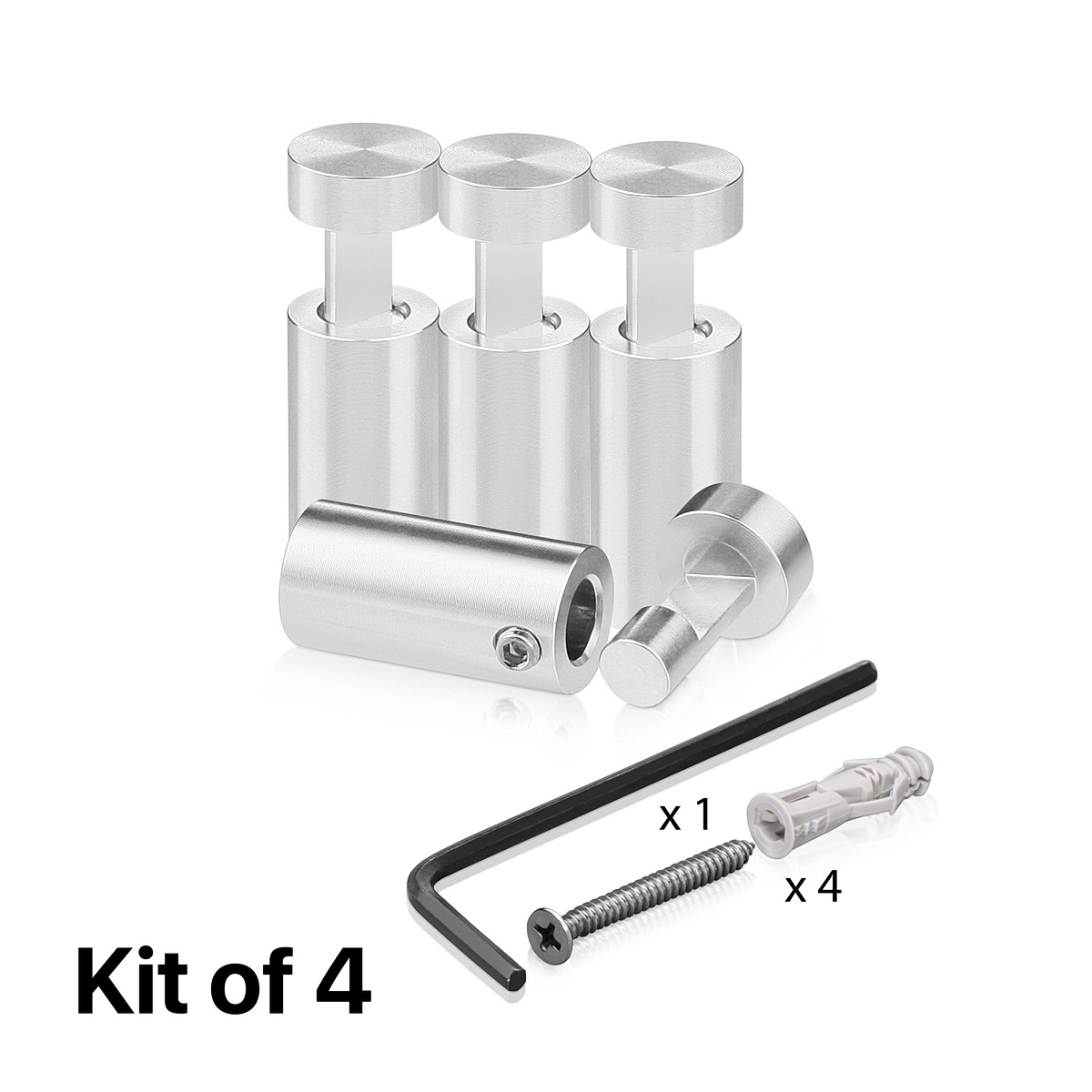 (Set of 4) 1/2'' Diameter X 1'' Barrel Length, Aluminum Clear Shiny Anodized Finish. Adjustable Edge Grip Standoff with (4) 2208Z Screw and (4) LANC1 Anchor  for concrete/drywall (For Inside Use Only)