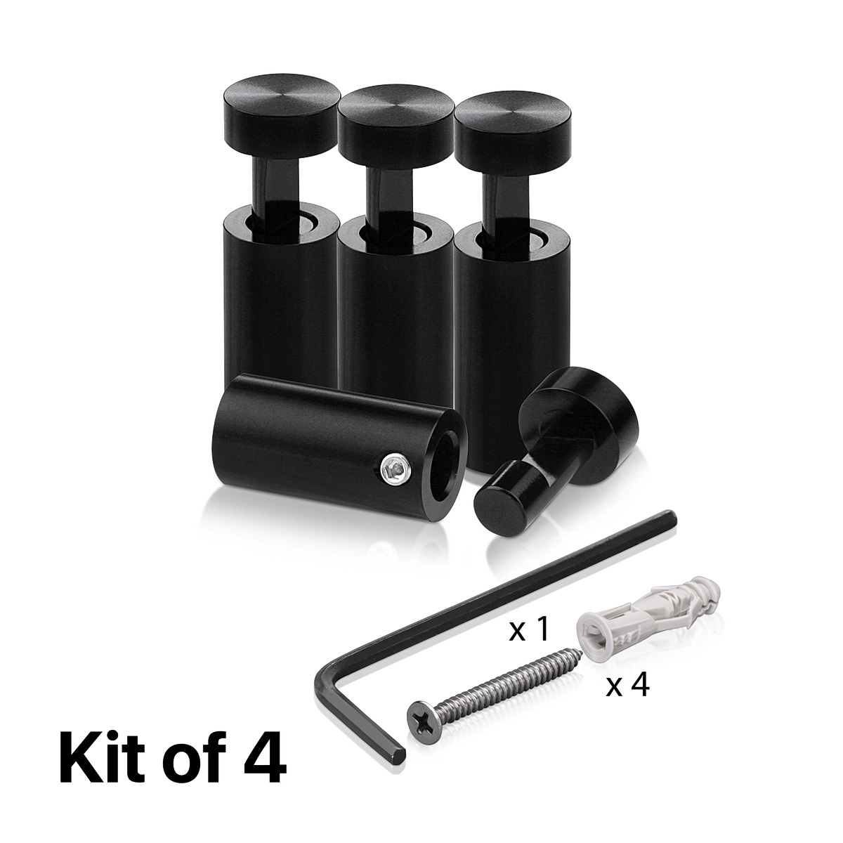 (Set of 4) 1/2'' Diameter X 1''  Barrel Length, Aluminum Black Anodized Finish. Adjustable Edge Grip Standoff with (4) 2208Z Screw and (4) LANC1 Anchor  for concrete/drywall (For Inside Use Only)