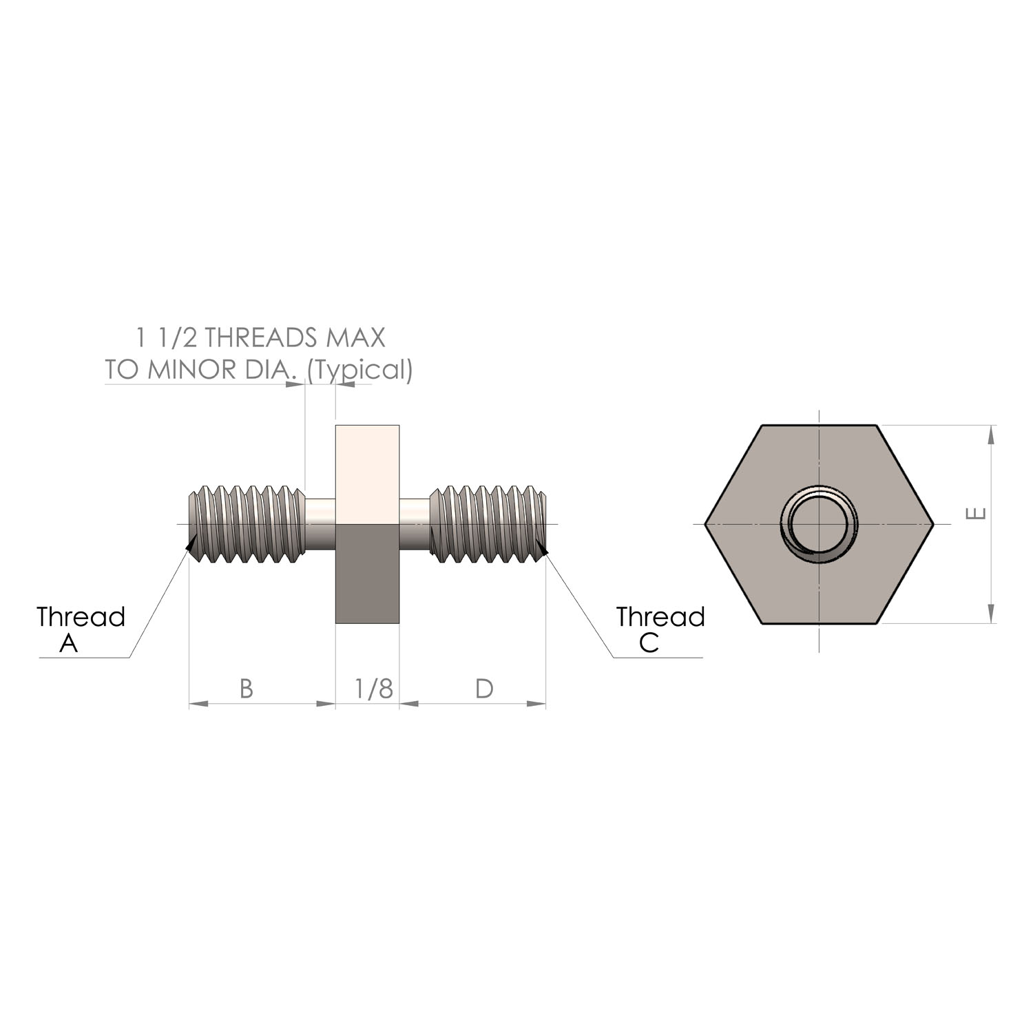 1/4'' Diameter, 3/16'' Length & 4-40 Thread to 1/4'' Length & 6-32 Thread, Aluminum Plain Finish Hex Male to Male Standoff