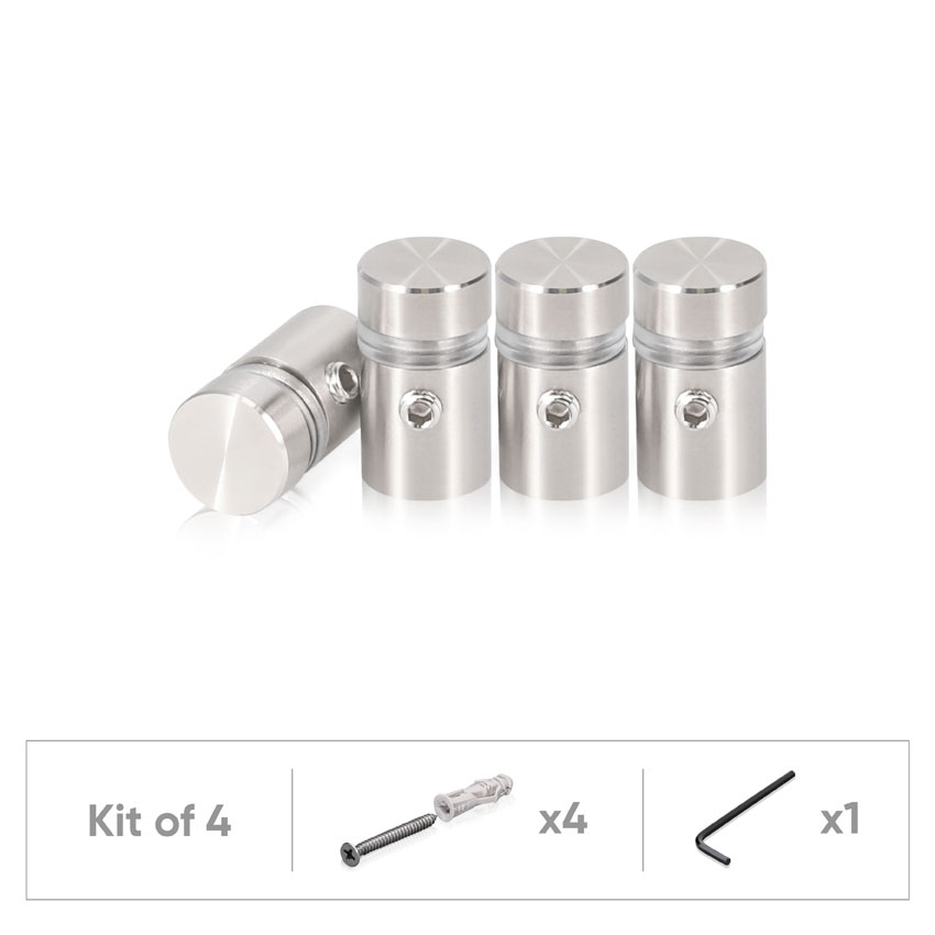 (Set of 4) 1/2'' Dia. X 1/2'' Barrel Length, (316 Marine Grade) Stainless Steel Brushed Finish. Easy Fasten Standoff with (4) 2208Z Screw and (4) LANC1 Anchor for concrete/drywall and (1) M4 Allen Key (For  In/Out use) [Req. Mat. Hole Size: 3/8'']