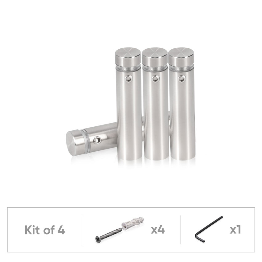 (Set of 4) 1/2'' Dia. X 1-3/4'' Barrel Length, (316 Marine Grade) Stainless Steel Brushed Finish. Easy Fasten Standoff with (4) 2208Z Screw and (4) LANC1 Anchor for concrete/drywall and (1) M4 Allen Key (For  In/Out use) [Req. Mat. Hole Size: 3/8'']