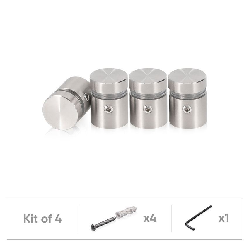 (Set of 4) 5/8'' Dia. X 1/2'' Barrel Length, (316 Marine Grade) Stainless Steel Brushed Finish. Easy Fasten Standoff with (4) 2216Z Screws and (4) LANC1 Anchors for concrete/drywall and (1) M4 Allen Key (For  In/Out use) [Req. Mat. Hole Size: 7/16'']
