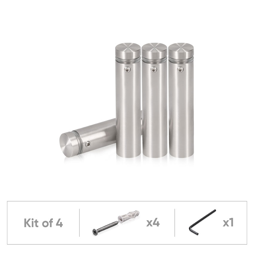 (Set of 4) 5/8'' Dia. X 2-1/2'' Barrel Length, (316 Marine Grade) Stainless Steel Brushed Finish. Easy Fasten Standoff with (4) 2216Z Screws and (4) LANC2 Anchors for concrete/drywall and (1) M4 Allen Key (For  In/Out use) [Req. Mat. Hole Size: 7/16'']