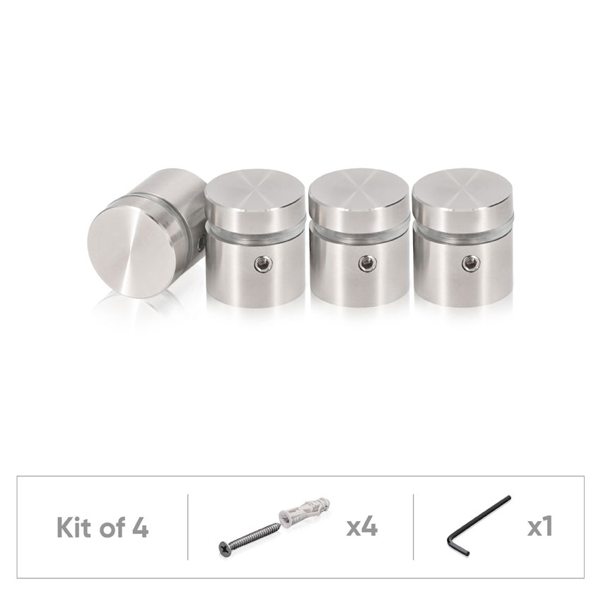 (Set of 4) 3/4'' Dia. X 1/2'' Barrel Length, (316 Marine Grade) Stainless Steel Brushed Finish. Easy Fasten Standoff with (4) 2216Z Screws and (4) LANC1 Anchors for concrete/drywall and (1) M4 Allen Key (For  In/Out use) [Req. Mat. Hole Size: 7/16'']