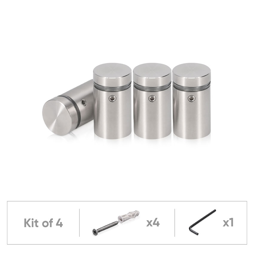 (Set of 4) 3/4'' Dia. X 1'' Barrel Length, (316 Marine Grade) Stainless Steel Brushed Finish. Easy Fasten Standoff with (4) 2216Z Screws and (4) LANC1 Anchors for concrete/drywall and (1) M4 Allen Key (For  In/Out use) [Req. Mat. Hole Size: 7/16'']