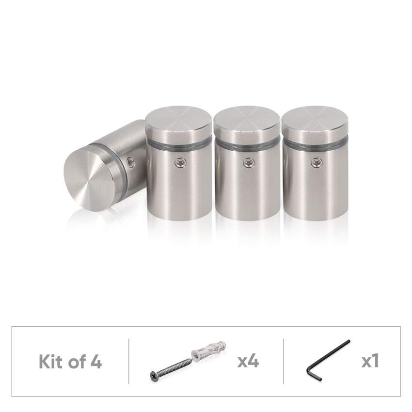 (Set of 4) 7/8'' Dia. X 1'' Barrel Length, (316 Marine Grade) Stainless Steel Brushed Finish. Easy Fasten Standoff with (4) 2216Z Screws and (4) LANC2 Anchors for concrete/drywall and (1) M4 Allen Key (For  In/Out use) [Req. Mat. Hole Size: 7/16'']