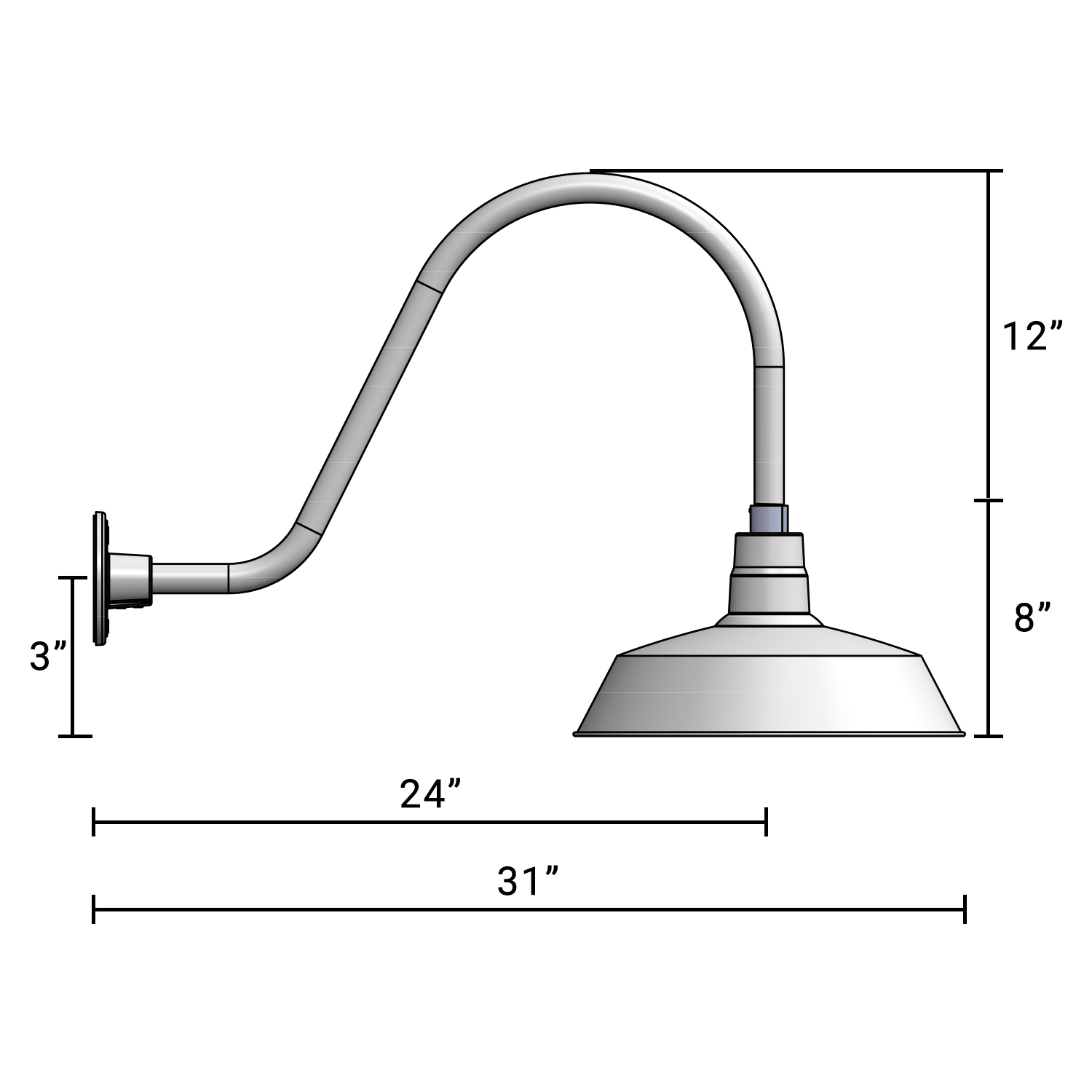 (1) 14'' Diameter Galvanized Warehouse / Barn Shade with (1) 24'' Long x 17'' High Galvanized Gooseneck Arm