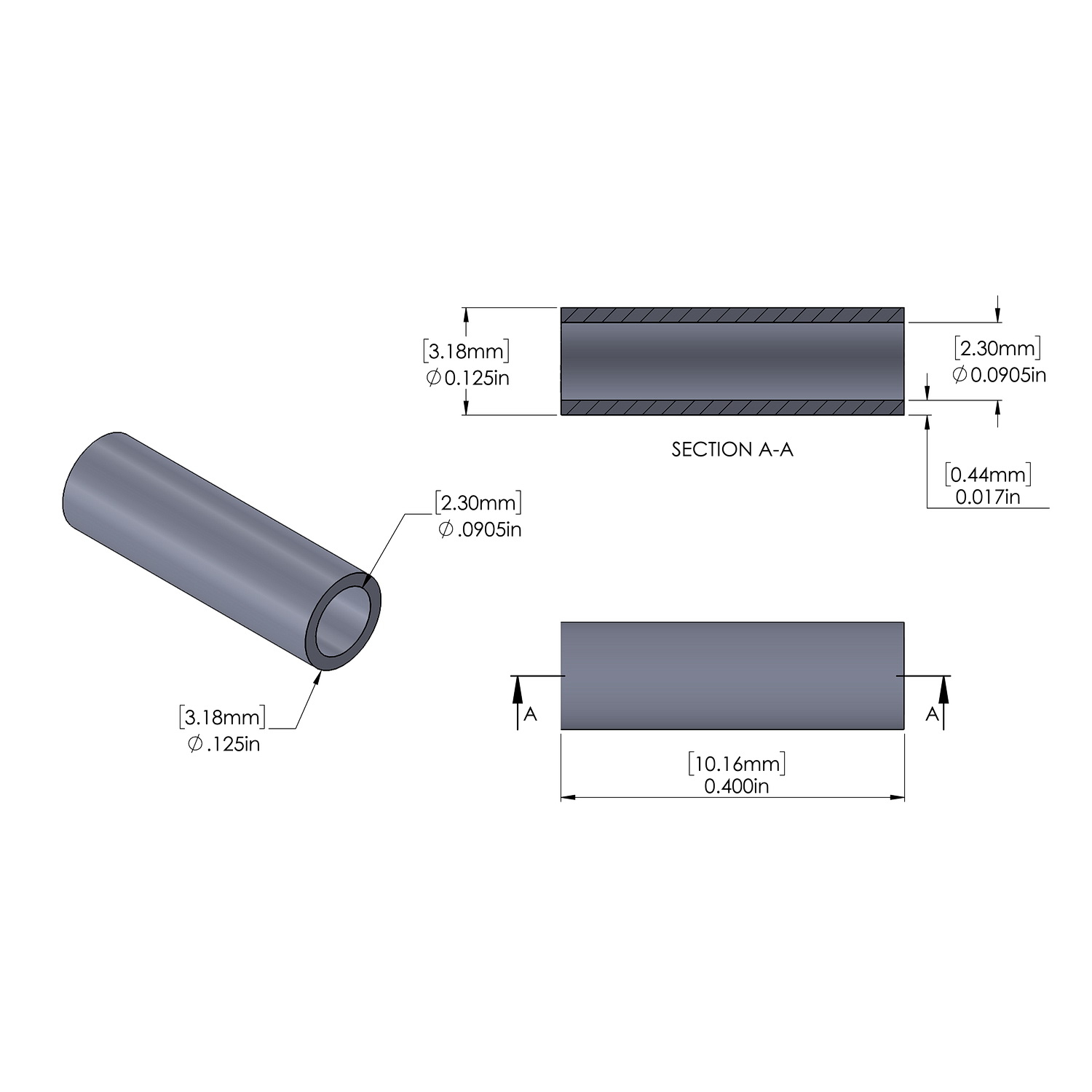 Aluminum Spacer 1/8'' OD x .0905'' ID x .400'' Long, Plain Aluminum Finish