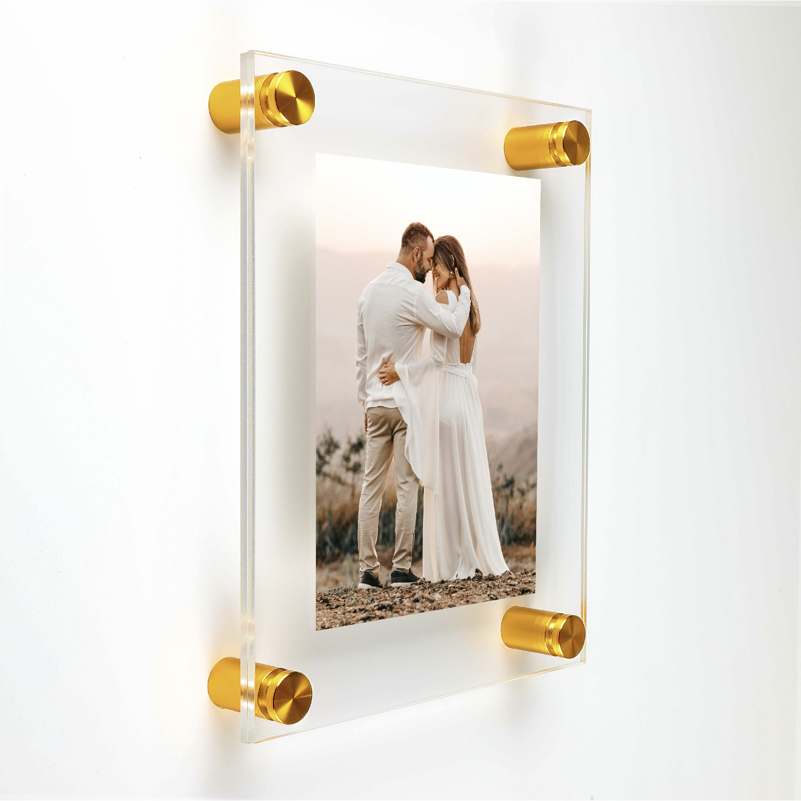 (2) 7-1/2'' x 9-1/2'' Clear Acrylics , Pre-Drilled With Polished Edges (Thick 1/8'' each), Wall Frame with (4) 5/8'' x 1'' Gold Anodized Aluminum Standoffs includes Screws and Anchors
