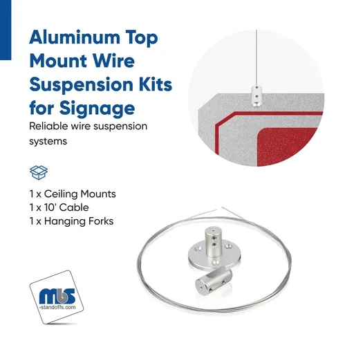 Wire Suspension Kit for Signage - Includes (1) 1/16'' x 6' Length Zinc Wire Cable, (1) Top Mount, and (1) Gripper for 1/4'' Material, Aluminum Clear Anodized Finish
