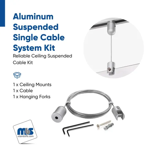 Ceiling Suspended Cable Kit Light Duty - Clear Anodized  Aluminum - Thick 1/8'' to 5/16''' - 1/16'' Diameter Cable