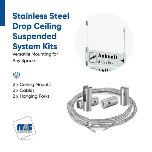 2 Pieces of 120'' Stainless Steel Satin Brushed Suspended Cable Kits for 3/8'' Thick Material (2 Full Sets) - 1/16'' Diameter Cable