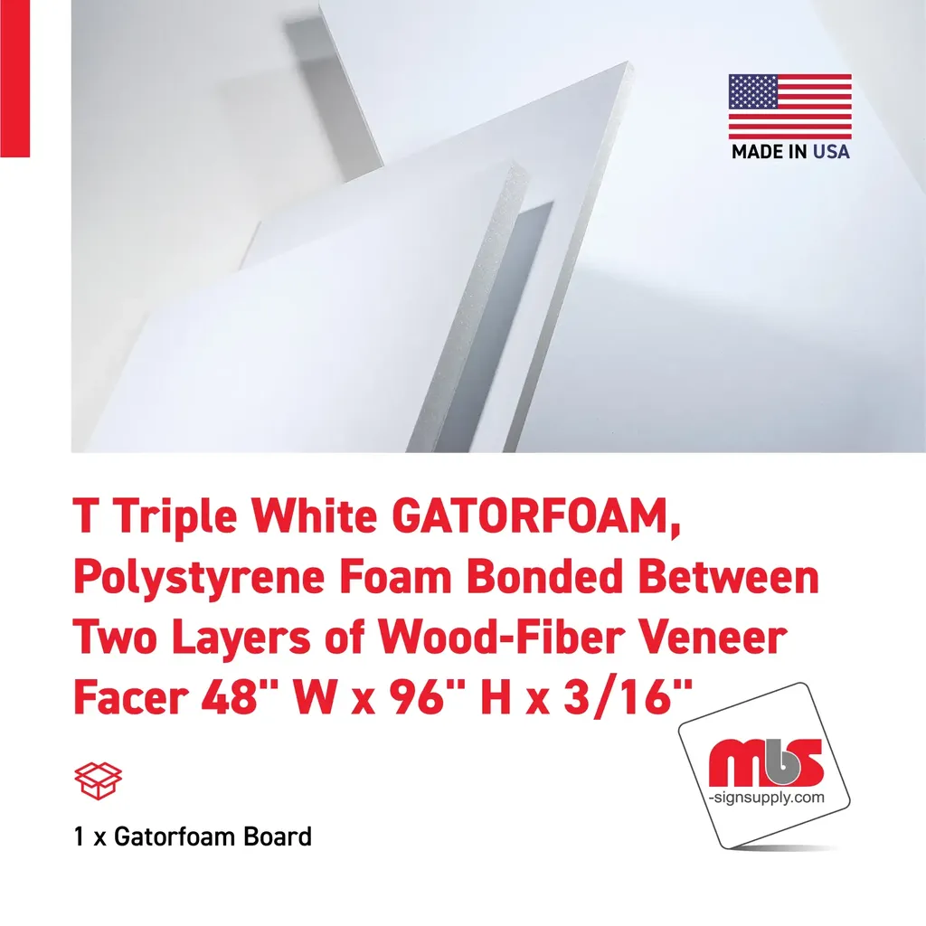 48'' W x 96'' H x 3/16'' T Triple White GATORFOAM, Polystyrene Foam Bonded Between Two Layers of Wood-Fiber Veneer Facer