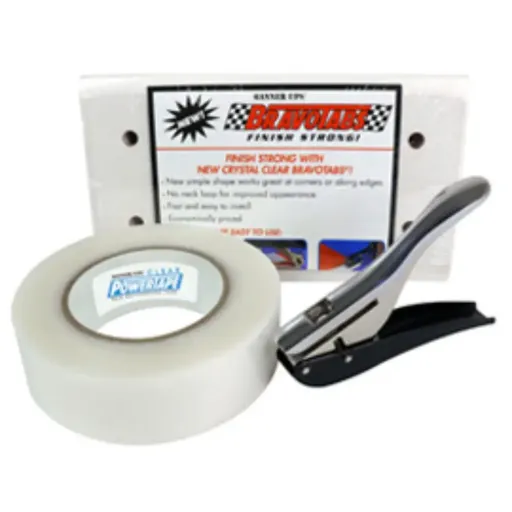 [BUSTART] BannerUps Starter Pack 100 Tabs of BRAVOTABS, 1 Roll Clear POWERTAPE, and 1 EZPUNCH