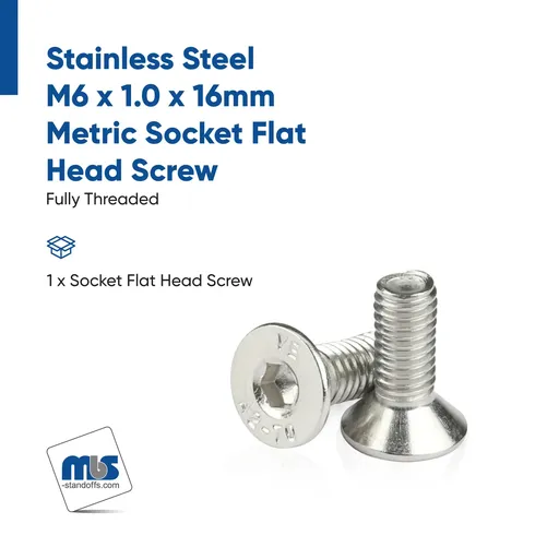 [6687] M6 x 1.0 x 16mm Metric Socket Flat Head Screw, Stainless Steel 18-8 (A2), Corrosion Resistant Machine Bolt