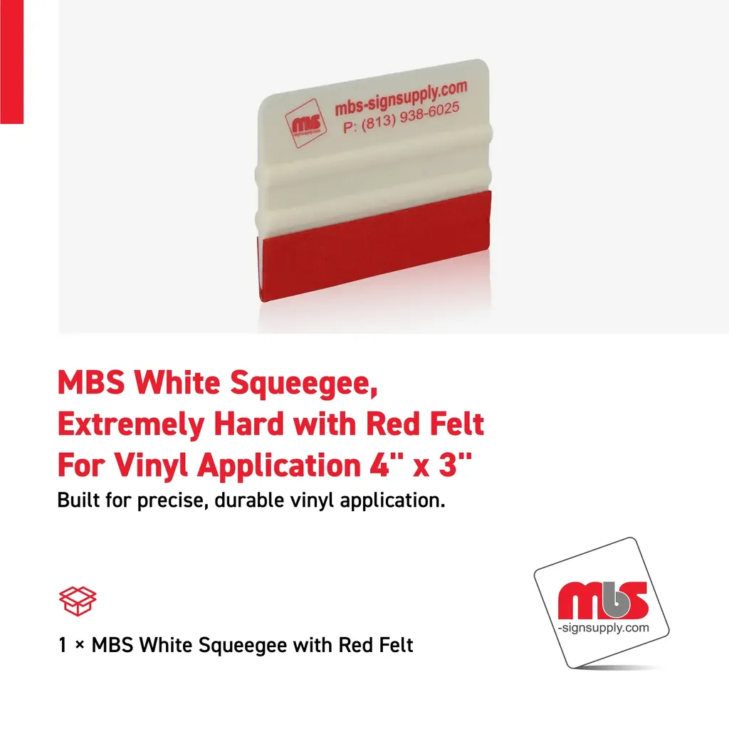 MBS 4'' x 3'' White Squeegee, Extremely Hard with Red Felt For Vinyl Application