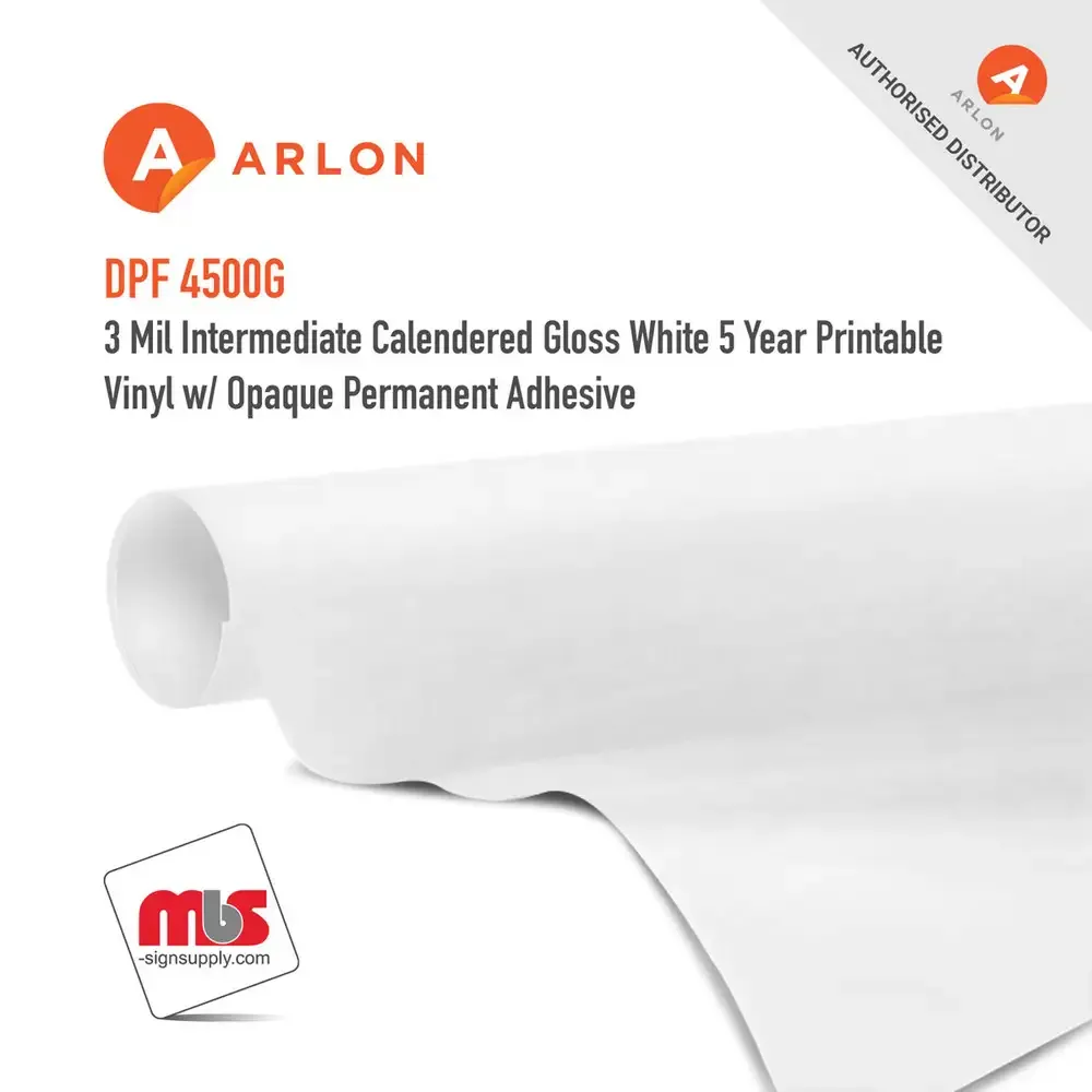 Arlon DPF 4500G Intermediate Calendered Gloss White 5 Year Printable Vinyl w/ Opaque Permanent Adhesive
