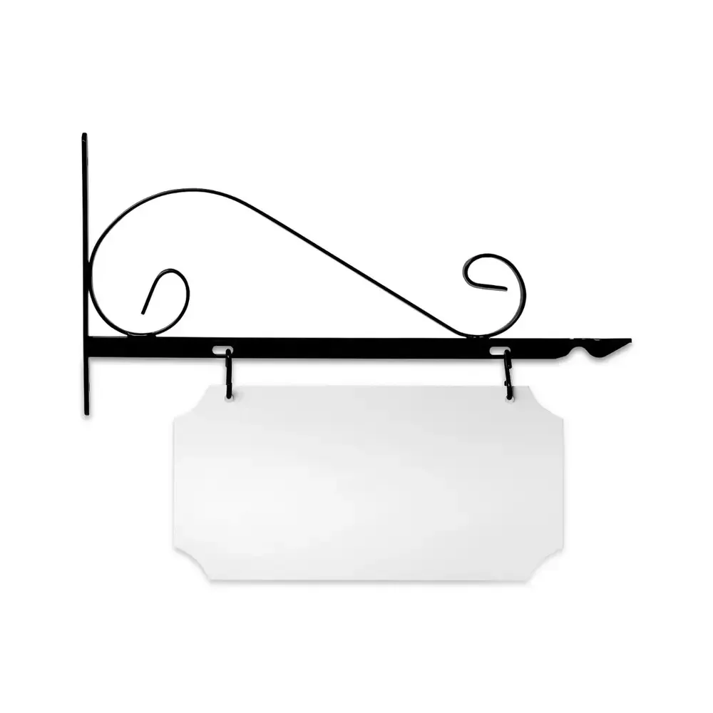 18'' Wide Value Scroll Bracket in  Black Powder Coated Steel with 7'' Tall X 14'' Wide X .063'' Thick White Aluminum Sign Blank and 2 Black Powder Coated S-Hooks