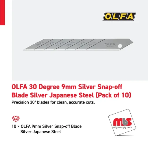 [CT-0522] Olfa 30 Degree 9mm Silver Snap-off Blade Silver Japanese Steel (Pack of 10)