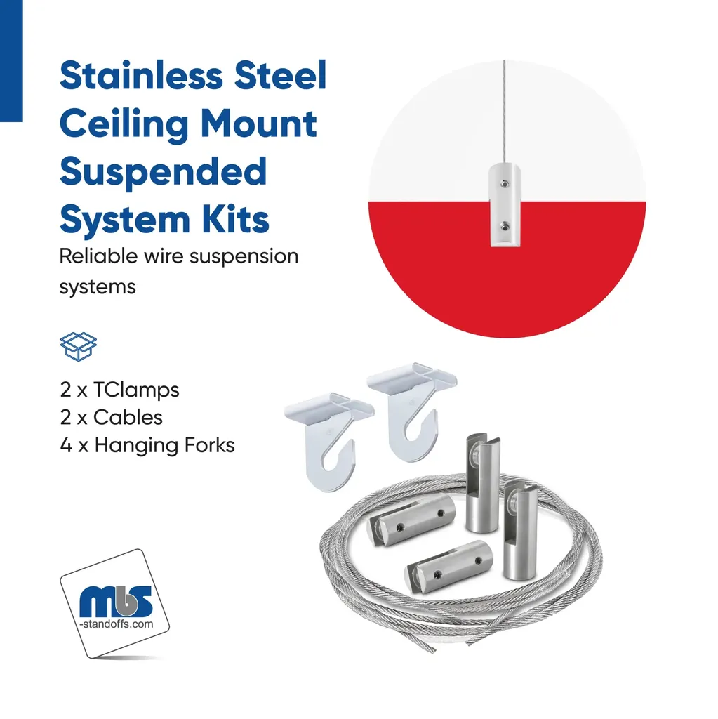 2 Pieces of 196'' Stainless Steel Satin Brushed Suspended Cable Kits for 1/4'' Thick Material (2 Full Sets) - 1/16'' Diameter Cable
